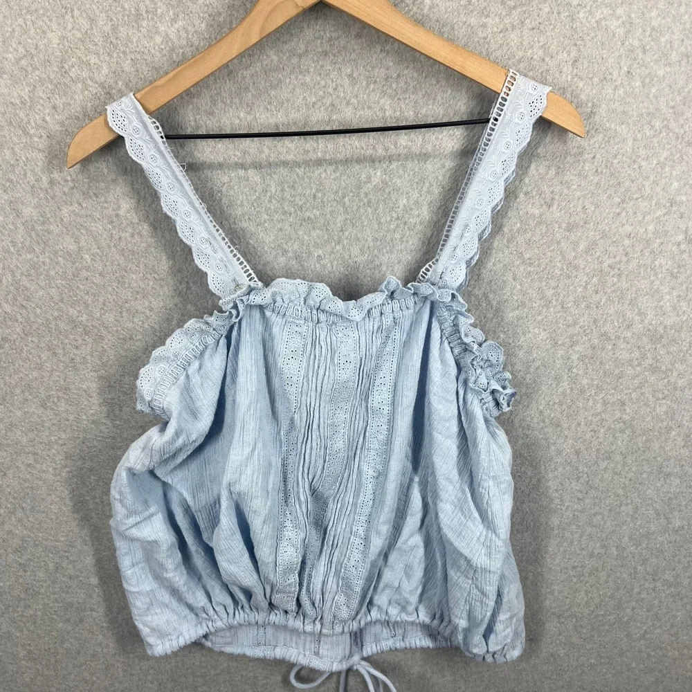 Free‎ People Chambray Tank Top Women L Light Blue Eyelet Ruffle Tie Hem NWT